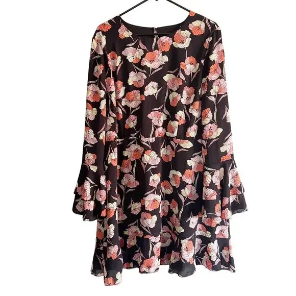 Who What Wear Dress Size L Black w/ Pink Cream Orange Floral Pattern Bell Sleeve - Picture 1 of 12